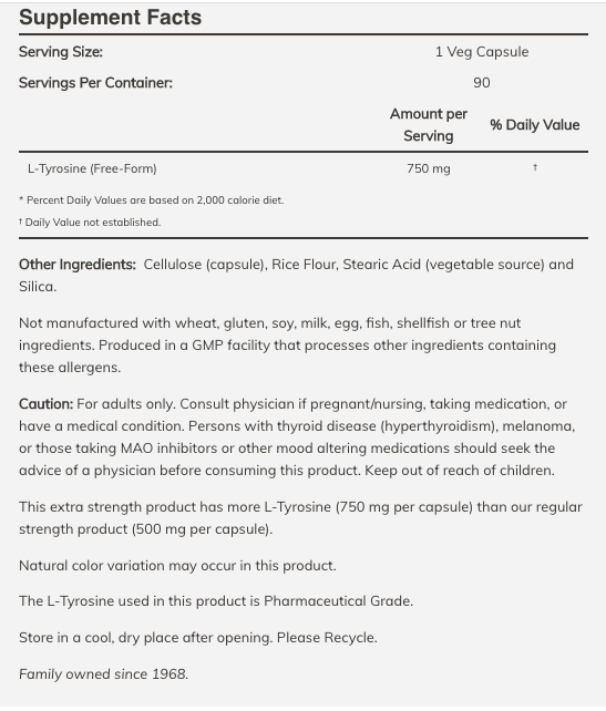NOW- L-Tyrosine- 750 mg- 90 Extra Strength Vegetarian Capsules